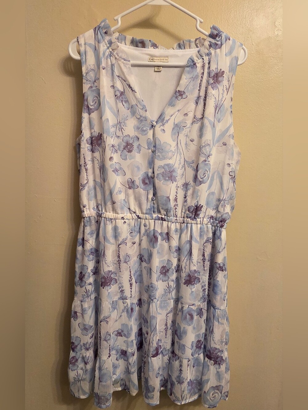 Cato Blue Floral Sleeveless Tiered Mini Dress Women's Large Ruffle Neck Chiffon